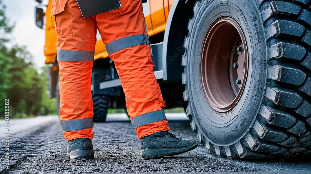 Construction worker standing beside heavy machinery on a road Construction worker standing beside heavy machinery on a road