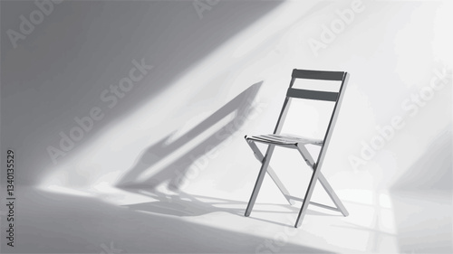 A monochrome photograph depicts a simple folding chair positioned in a minimalist interior. The chair is centered in the frame, and a strong beam of sunlight casts a dramatic, elongated shadow