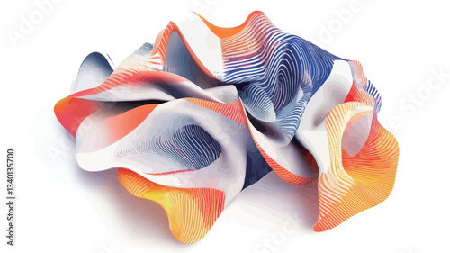 Close-up shot of an abstract sculpture crafted from fabric. The fabric is predominantly orange, blue, and white, with a blend of yellow hues.  The material is sculpted into a dynamic, wave-like