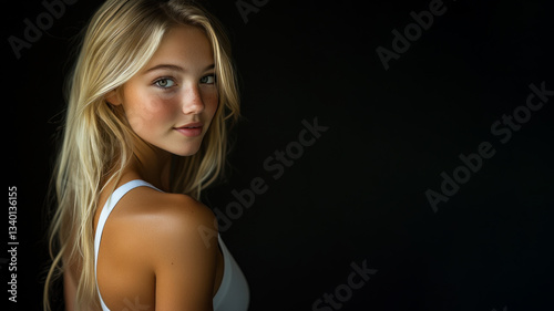 Caucasian blond sport woman athlete wearing white sportswear smiling isolated on black background