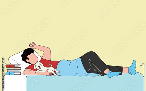 Man Relaxing with Dog on Bed