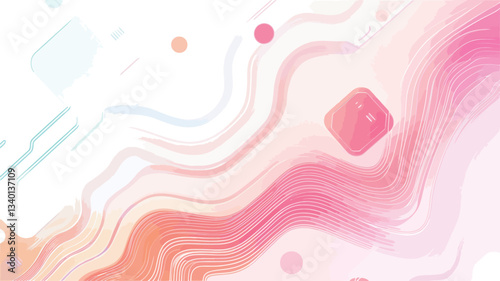 The image presents an abstract design featuring a predominantly pastel color palette of pink, orange, and white.  The main visual element is a series of flowing, wavy lines creating a sense of