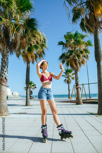 Woman taking selfie while roller skating on beachfront promenade