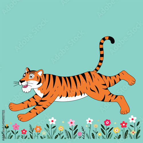 Cartoon Tiger Running Through Flowers