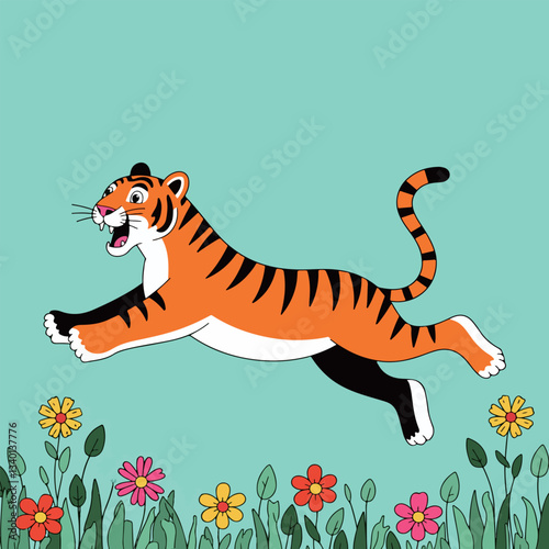 Cartoon Tiger Running Through Flowers