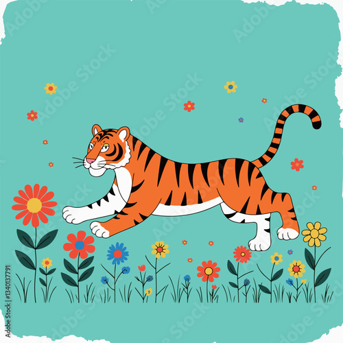 Cartoon Tiger Running Through Flowers