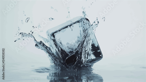 Close-up shot of a single ice cube impacting a body of water, creating a dynamic splash. The image is predominantly white and blue-toned, featuring high contrast between the clear ice and the
