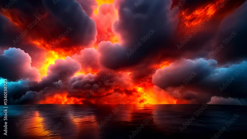 Dramatic explosion of fiery clouds against a darkened landscape Dramatic explosion of fiery clouds against a darkened landscape