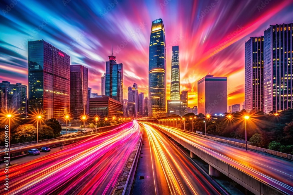 Fototapeta premium Futuristic City Dusk: Abstract Pink & Orange Long Exposure Cityscape