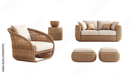 A set of three wicker chairs and a couch are shown on a white background