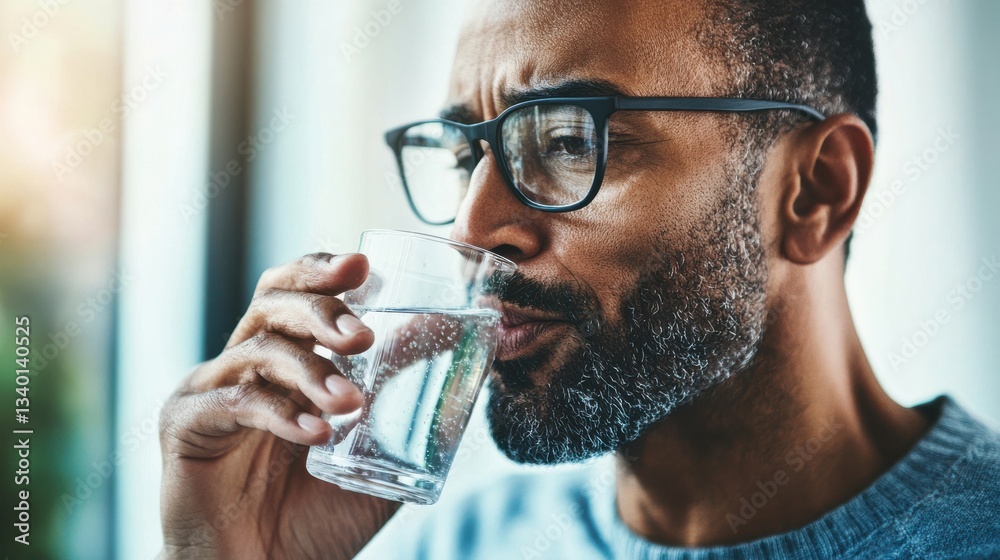 Man in glasses drinking water from a clear glass indoors Man in glasses drinking water from a clear glass indoors