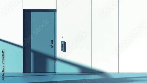 The image depicts a minimalist interior scene featuring a teal-colored door set within a white wall.  A portion of a transparent glass or acrylic panel is visible to the left, casting a shadow on