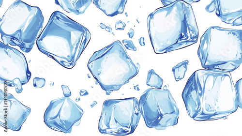 A digital image depicting numerous ice cubes of varying sizes and shapes against a white background. The ice cubes appear translucent, with varying degrees of light blue hues reflecting light. Some