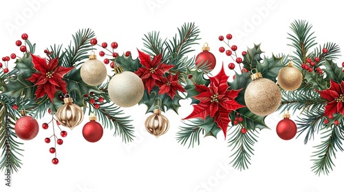 Christmas garland with poinsettia flowers, holly, and mistletoe, red and golden ball ornaments on a white background, detailed illustration. 
