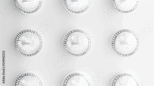 High-angle, close-up shot of a blister pack containing numerous round, white pills.  The pills are arranged in a regular grid pattern against a plain white background.  The image is sharply