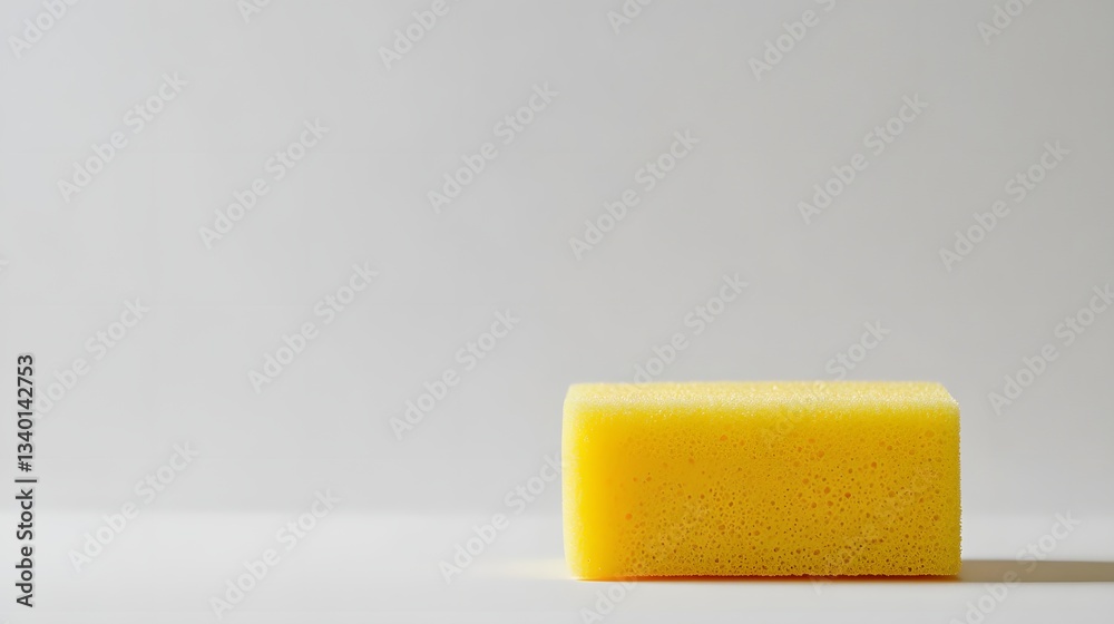 A bright yellow rectangular cleaning sponge sits on white surface A bright yellow rectangular cleaning sponge sits on white surface