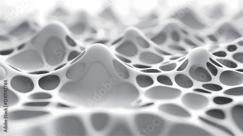 The image is a close-up, high-resolution digital rendering of an abstract three-dimensional structure.  The structure resembles a network or mesh of interconnected, rounded forms, creating a