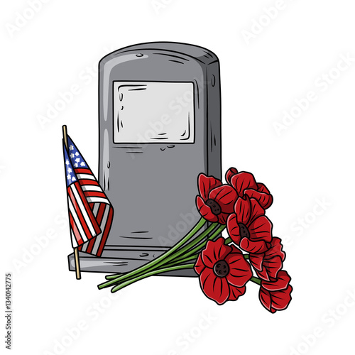 Memorial day with Tombstone, American Flag, and Poppies