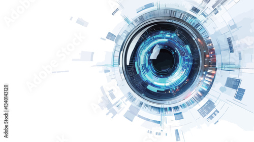 Close-up view of an abstract digital eye representation. The image features a central dark circle resembling a pupil, surrounded by concentric rings of glowing light blue and white elements,