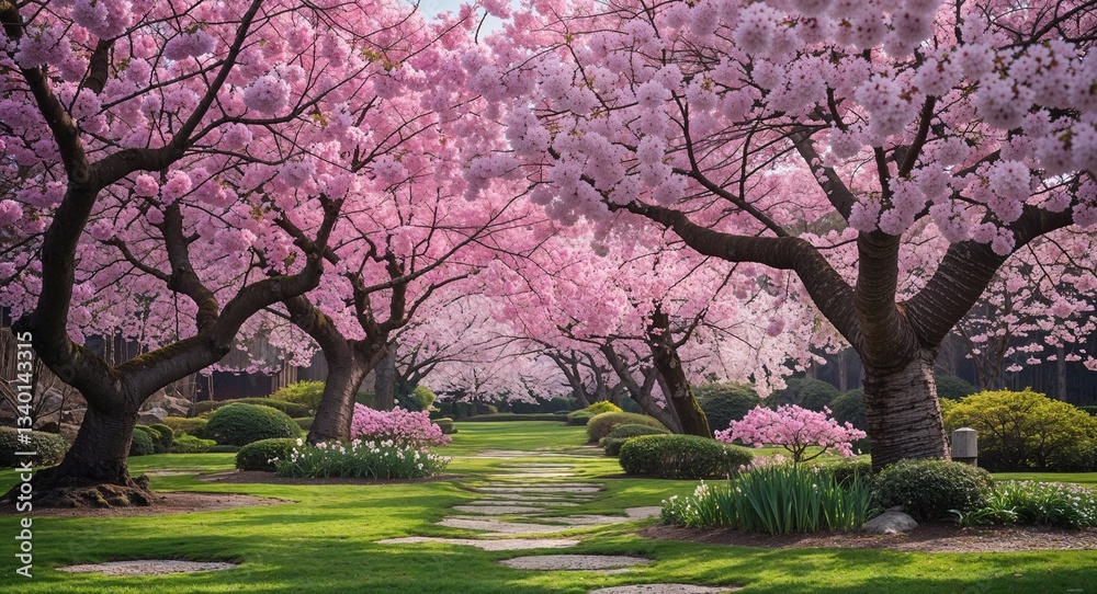 Blooming Cherry Blossom Trees in a Tranquil Spring Garden Blooming Cherry Blossom Trees in a Tranquil Spring Garden