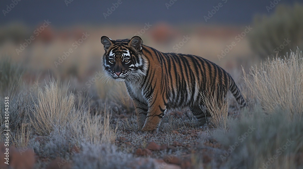 Obraz premium Young tiger in a grassy savanna