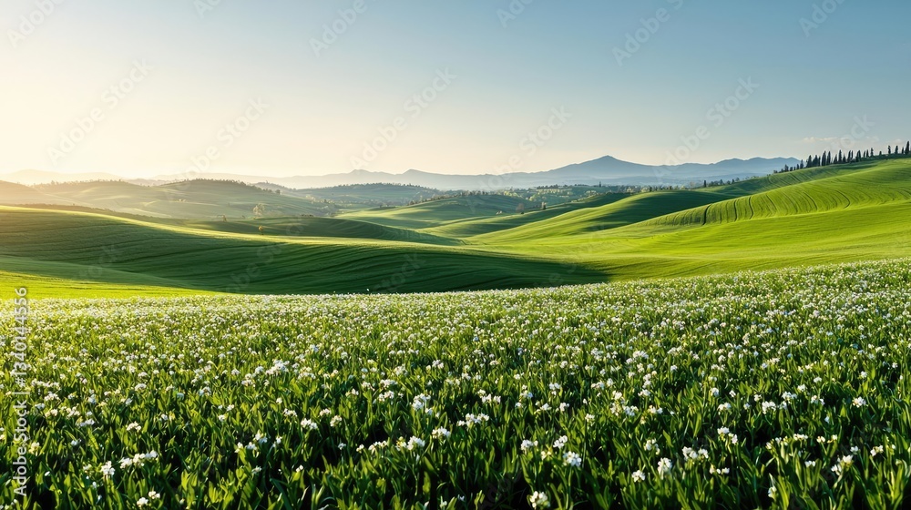 National park scenic landscapes concept. A serene landscape featuring rolling green hills and blooming flowers under a clear sky. National park scenic landscapes concept. A serene landscape featuring rolling green hills and blooming flowers under a clear sky.