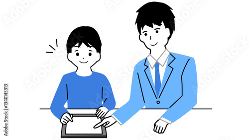 タブレットで勉強する男の子を教える男性教師のイラスト
