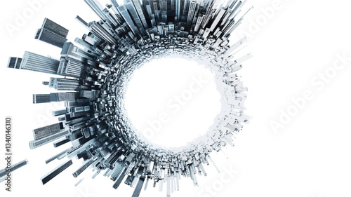 The image is a digital illustration depicting a stylized cityscape arranged in a circular formation.  The buildings are represented by uniformly sized, rectangular shapes in shades of gray and