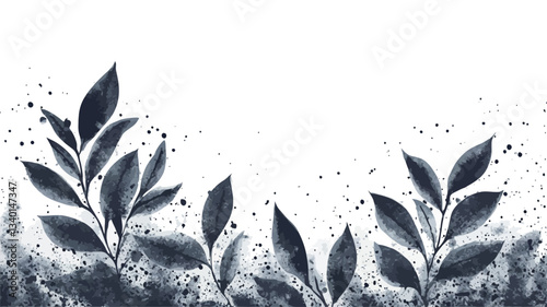 The image is a digital illustration featuring stylized botanical elements rendered in shades of dark blue and grey against a white background.  The illustration depicts two stylized branches with
