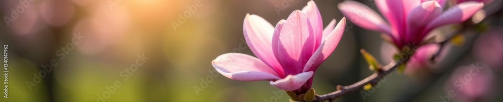 Close up of pink magnolia flower blooming on spring branch in garden, blooming, nature Close up of pink magnolia flower blooming on spring branch in garden, blooming, nature