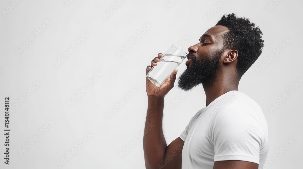 Man drinking from a clear glass bottle while wearing a white t-shirt Man drinking from a clear glass bottle while wearing a white t-shirt