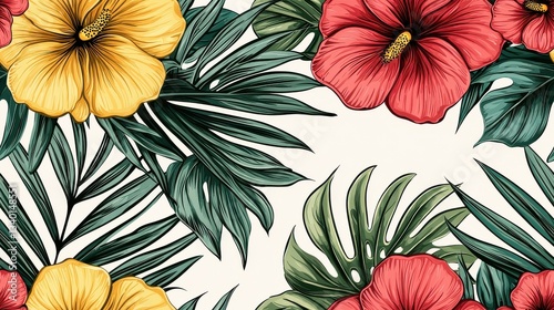 Wallpaper Mural Vibrant Yellow And Red Hibiscus Flowers With Lush Green Tropical Leaves On White Background Torontodigital.ca
