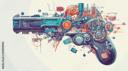 A digital illustration depicting a stylized handgun deconstructed and rebuilt from various technological components and media elements. The artwork features a mix of colors, primarily teal, purple,