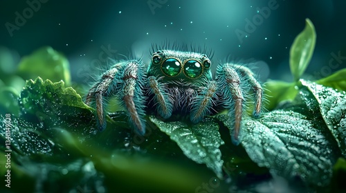 A curious jumping spider peeking curiously from behind a lush green leaf its tiny iridescent eyes reflecting a bright glowing shine in a distinctive photography style with ample copy space photo