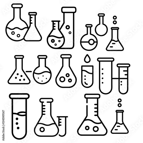 Chemistry lab line icons. Chemical formula,  Medical analysis. Laboratory test flask, reaction tube, chemistry lab icons. research, toxic radiation. Line signs set. Vector
