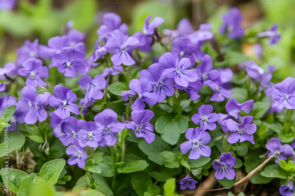 Floral Abundance: Captivating Close-Up of Purple Violets in Spring Garden