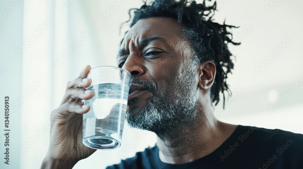 Man drinking water from a clear glass with a focused expression Man drinking water from a clear glass with a focused expression