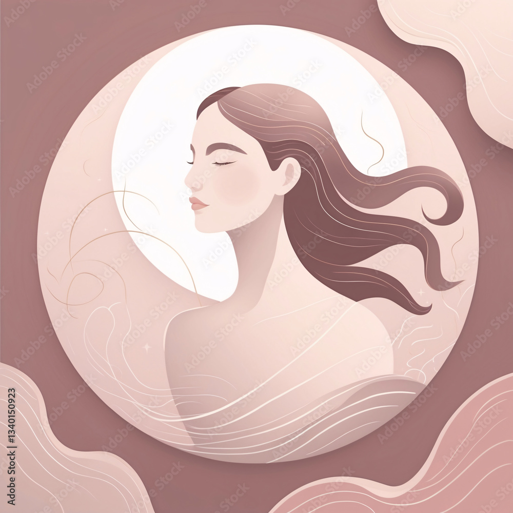 Delicate abstract portrait of a woman surrounded by celestial moon and waves in soft peach pastel pink tones beauty design Abstract Woman Illustration Flat Design Delicate abstract portrait of a woman surrounded by celestial moon and waves in soft peach pastel pink tones beauty design Abstract Woman Illustration Flat Design