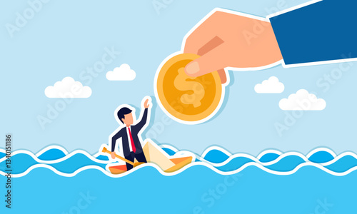 A hand provides dollar coin assistance to a businessman on a sinking paper boat, illustration of support from other entrepreneurs to avoid bankruptcy