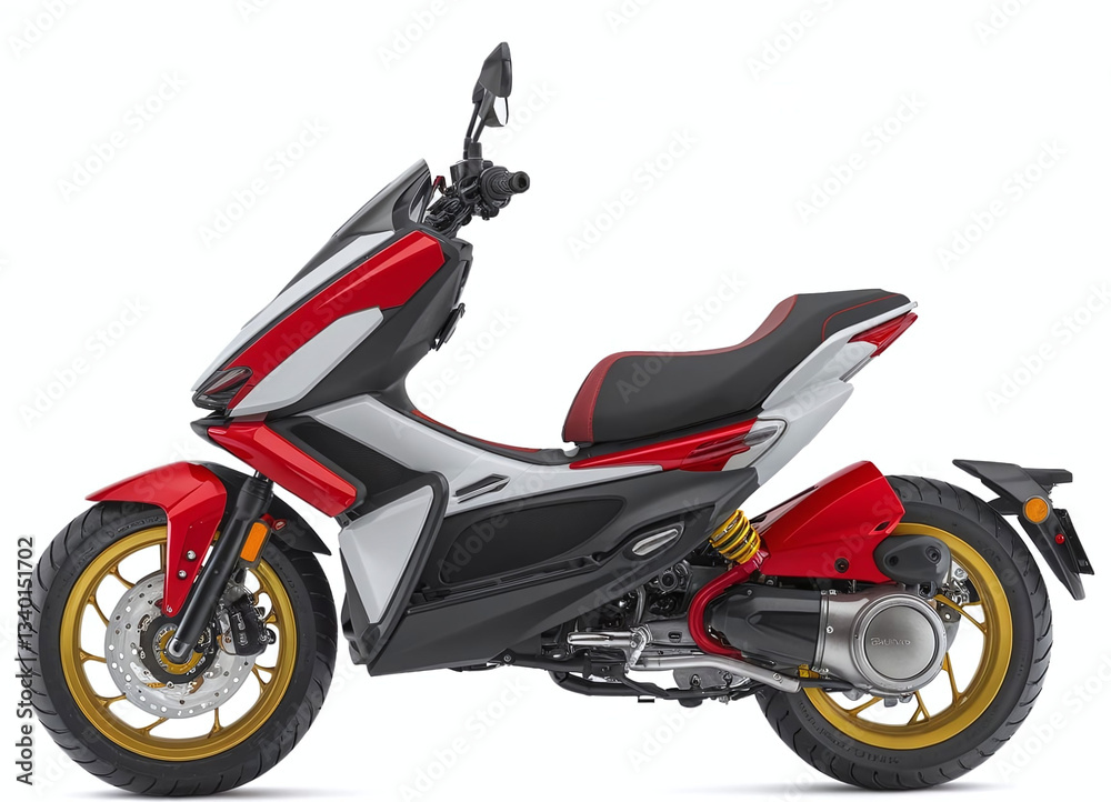 Illustrative depiction showcasing an avant-garde scooter, exhibiting a harmonious fusion of functionality and aesthetic appeal, highlighted by its dynamic red and silver color palette, intricate mecha Illustrative depiction showcasing an avant-garde scooter, exhibiting a harmonious fusion of functionality and aesthetic appeal, highlighted by its dynamic red and silver color palette, intricate mecha