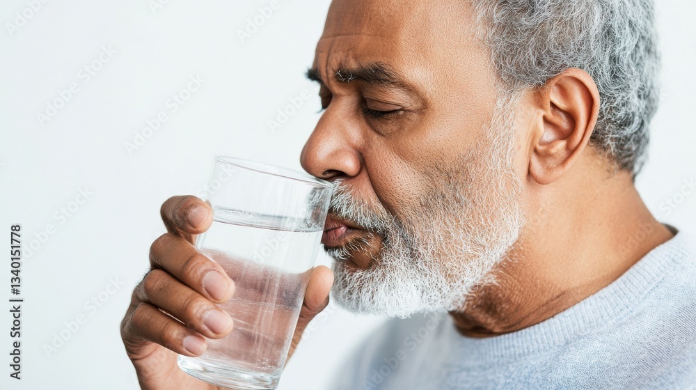 Older man with white beard and mustache drinking water from a clear glass Older man with white beard and mustache drinking water from a clear glass