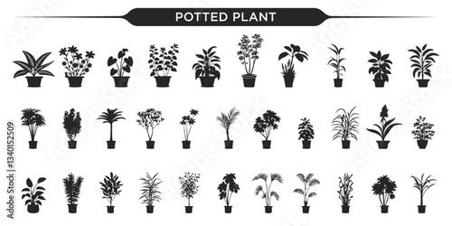 Vector illustration of potted plant silhouettes in different shapes and sizes
