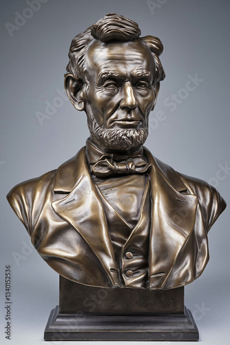 A detailed close-up showcases a bronze bust portraying a bearded statesman, dressed in a formal suit and bow tie, standing firmly atop a dark pedestal. The intricate craftsmanship captures the subject