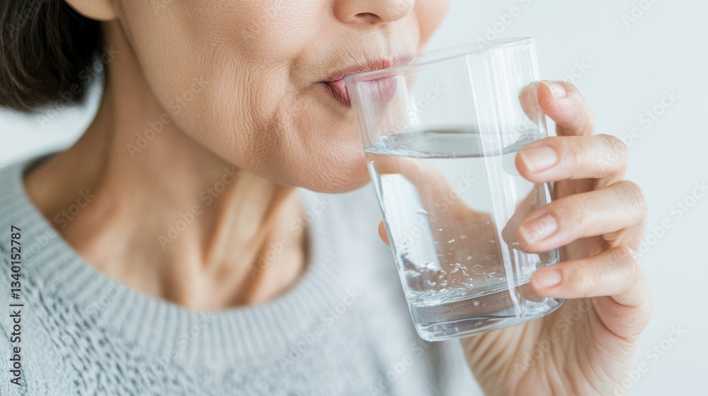 Person drinking water from a clear glass with bubbles near the surface Person drinking water from a clear glass with bubbles near the surface