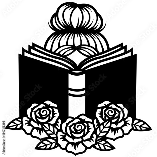 Reading Woman | Floral Book | Bun Girl | Lady in Book | Book Lover | Bun Girl Reading | Book w/Flowers | Woman Reading Book | Original Illustration | Vector and Clipart | Cutfile and Stencil