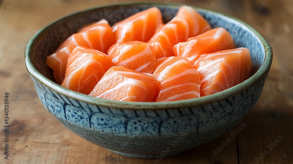 Fresh salmon cubes in bowl. Fresh salmon cubes in bowl.