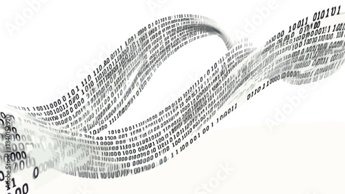 The image is a digital artwork depicting a grayscale abstract representation of flowing text.  The text is illegible and serves as a visual element rather than conveying specific words. The text is