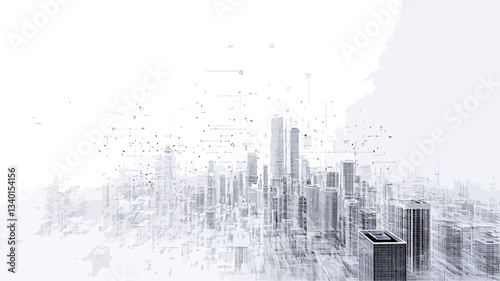 The image is a grayscale abstract representation of a cityscape.  It features numerous stylized buildings of varying heights, rendered in shades of gray against a predominantly white background.