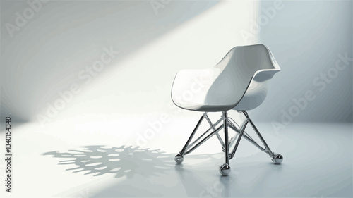 The image shows a single white chair with a distinctive design, positioned in a brightly lit minimalist room with white walls and floor.  The chair is predominantly white with a dark grey or black