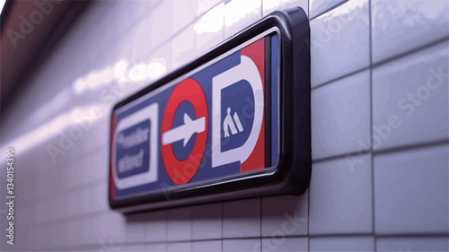Close-up view of a rectangular sign affixed to a white tiled wall. The sign features a red circle with a directional arrow, along with additional blue and white graphic elements and text indicating